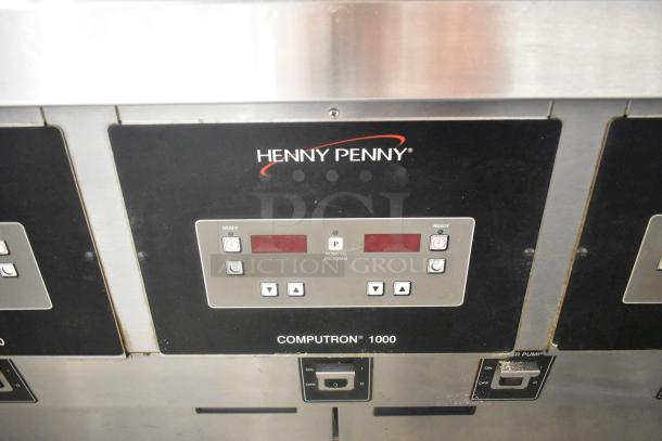 Henny Penny OFG-323 Stainless Steel Commercial Floor Style Natural Gas Powered 3 Bay Deep Fat Fryer w/ Filtration System on Commercial Casters. 255,000 BTU. - Image 4 of 14