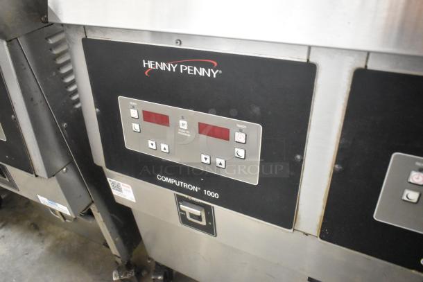 Henny Penny OFG-323 Stainless Steel Commercial Floor Style Natural Gas Powered 3 Bay Deep Fat Fryer w/ Filtration System on Commercial Casters. 255,000 BTU. - Image 5 of 14