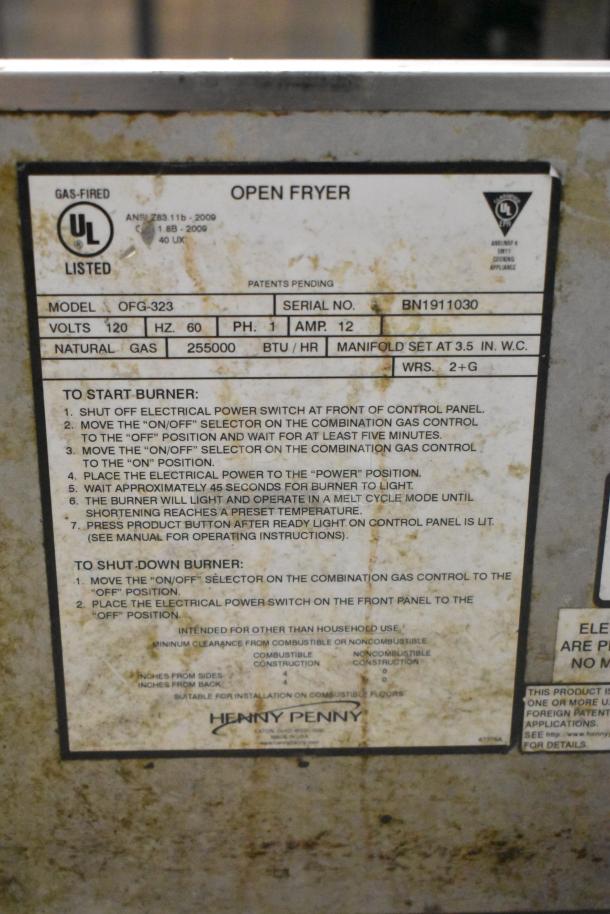 Henny Penny OFG-323 Stainless Steel Commercial Floor Style Natural Gas Powered 3 Bay Deep Fat Fryer w/ Filtration System on Commercial Casters. 255,000 BTU. - Image 10 of 14