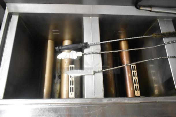 Henny Penny OFG-323 Stainless Steel Commercial Floor Style Natural Gas Powered 3 Bay Deep Fat Fryer w/ Filtration System on Commercial Casters. 255,000 BTU. - Image 11 of 14