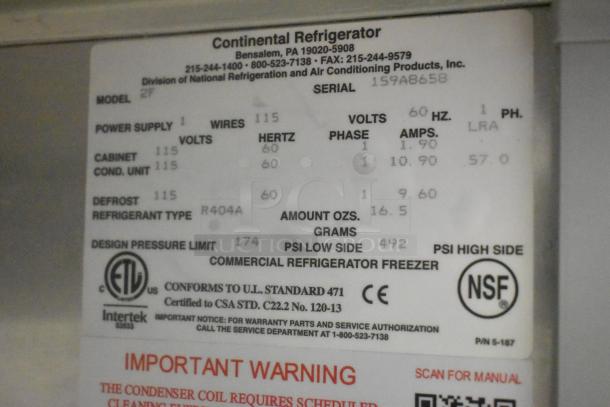 2019 Continental 2F Stainless Steel Commercial 2 Door Reach In Freezer on Commercial Casters. 115 Volts, 1 Phase. - Image 7 of 8