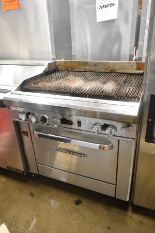 Southbend 436A-3C stainless steel commercial gas charbroiler grill with convection oven on casters, showing wear.