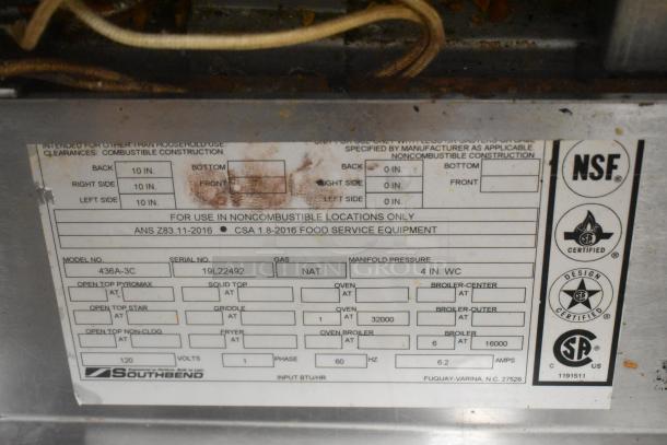 Southbend 436A-3C Stainless Steel Commercial Natural Gas Powered Charbroiler Grill w/ CONVECTION Oven. on Commercial Casters - Image 7 of 10