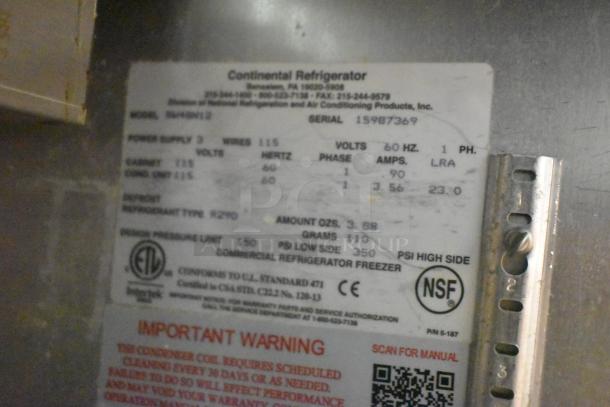 2019 Continental SW48N12 Stainless Steel Commercial Sandwich Salad Prep Table Bain Marie Mega Top on Commercial Casters. 115 Volts, 1 Phase. - Image 8 of 8