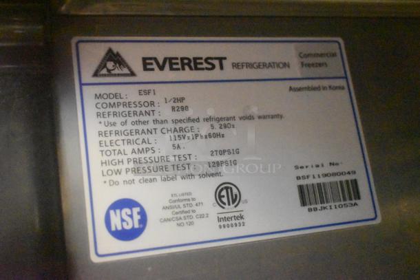 Everest ESF1 Stainless Steel Commercial Single Door Reach In Freezer on Commercial Casters. 115 Volts, 1 Phase. - Image 7 of 8