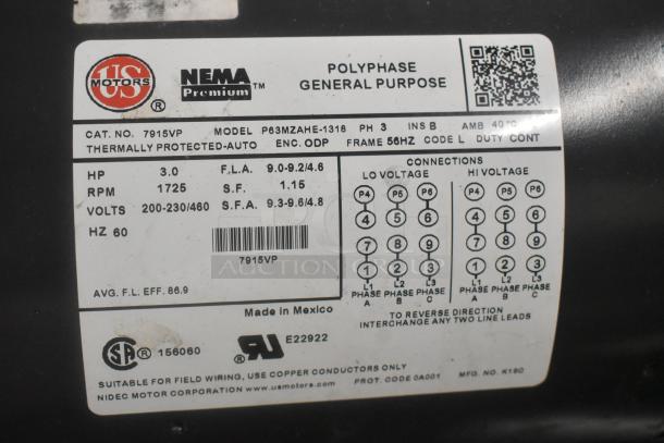 US Motors P63MZAHE-1318 Polyphase General Purpose Motor. 200-230/460 Volts. - Image 4 of 5
