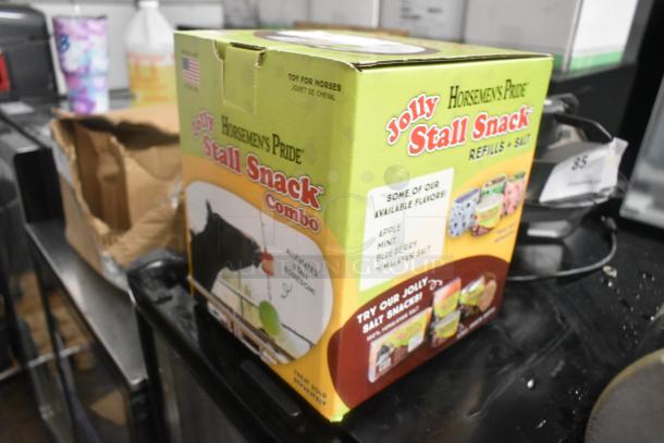 Horsemen's Pride Jolly Stall Snack Combo in original box. Features multiple flavors. Package shows horse toy and snacks.