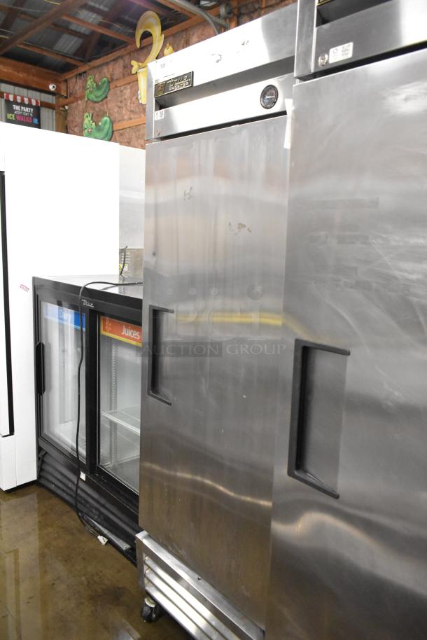 True T-19F stainless steel reach-in freezer, single door, poly-coated racks, on casters. 115V, 1 phase, in used condition.