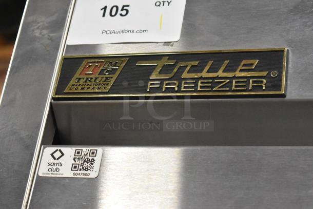 True T-19F stainless steel single-door reach-in freezer with poly-coated racks and commercial casters. 115V, 1-phase. Sam's Club label.