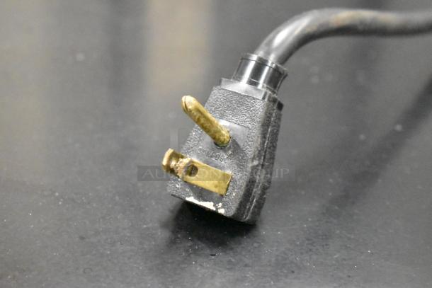 Close-up view of a power plug for a True T-19F freezer. Gold prongs and black casing visible on a flat surface.