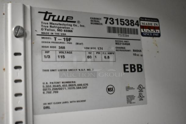 True T-19F Stainless Steel Freezer label; 115V, single phase, model details, made in the USA, commercial specs.