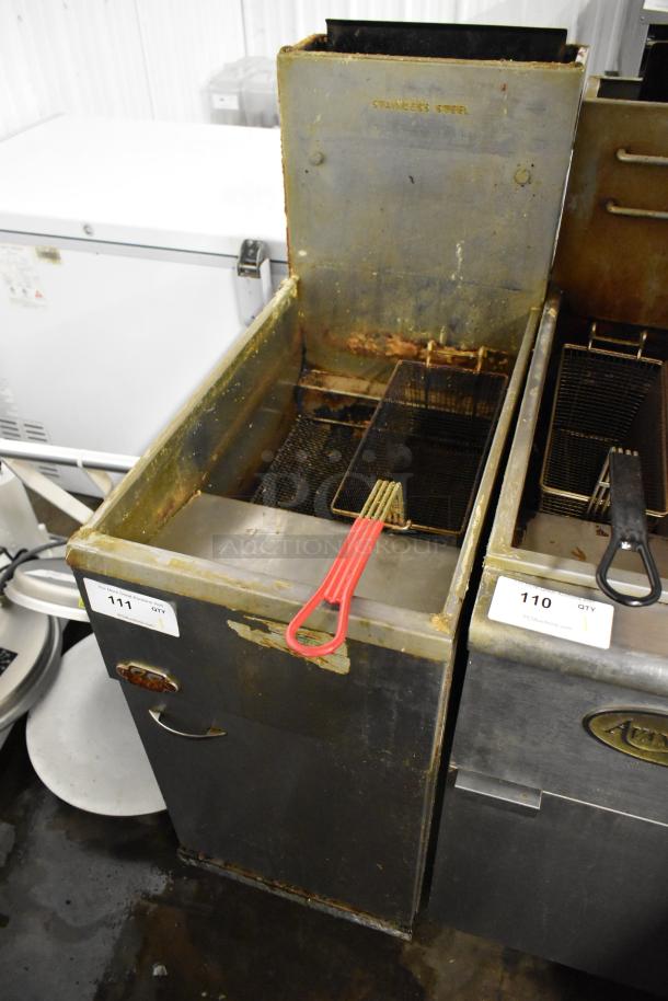 Pitco Frialator 40D stainless steel commercial deep fat fryer, natural gas, 115,000 BTU, with wear visible. Model label intact.