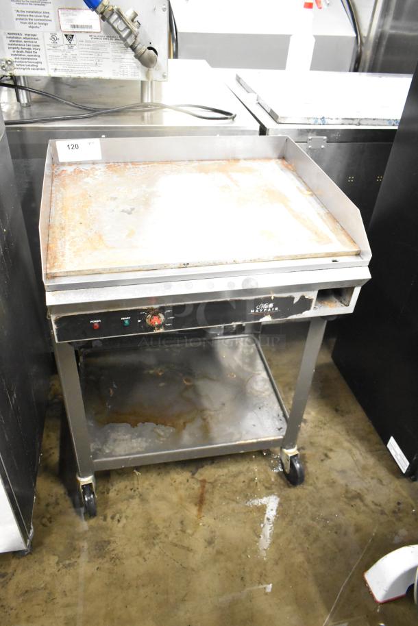 Mayfair PA10301A stainless steel griddle, electric, thermostatic controls, under shelf, commercial casters, 240V, 1 phase.