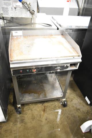 Mayfair PA10301A stainless steel griddle, electric, thermostatic controls, under shelf, commercial casters, 240V, 1 phase.