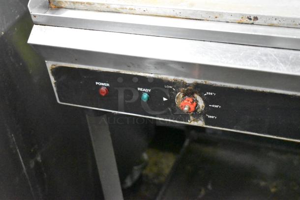 Mayfair PA10301A griddle, stainless steel, thermostatic controls, under shelf, commercial casters, 240V, worn condition.