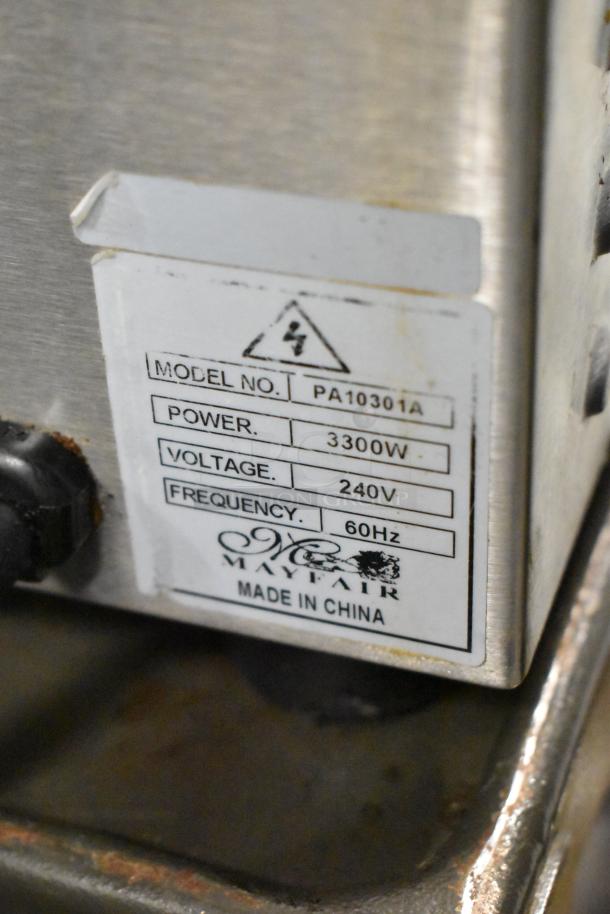Mayfair PA10301A griddle label, showing model, power 3300W, voltage 240V, and frequency 60Hz. Made in China.