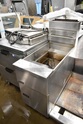 2017 Pitco Frialator SG14 stainless steel deep fryer, commercial floor style, natural gas, on casters, 110,000 BTU.