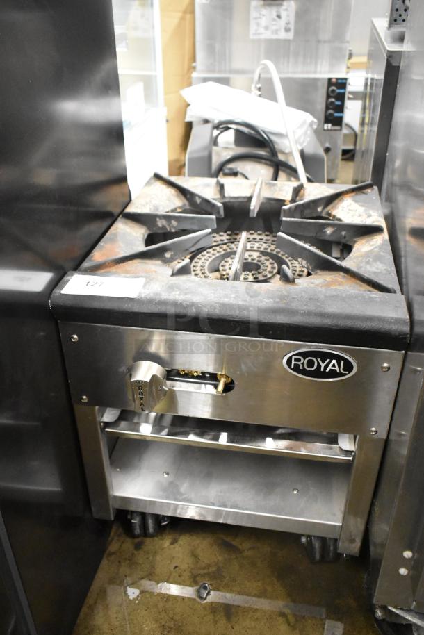Royal RSP-18 Stainless Steel Commercial Natural Gas Powered Single Burner Stock Pot Range on Commercial Casters. - Image 1 of 8