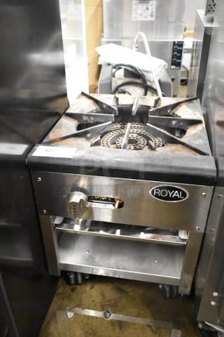 Royal RSP-18 stainless steel single burner stock pot range on casters. Natural gas powered, visible Royal logo, used condition.
