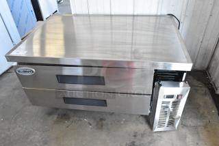 KoolMore SY-247054 stainless steel 2-drawer chef base, brand new, scratch and dent, on commercial casters, 115V, 1 phase.