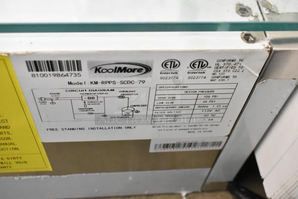 New KoolMore KM-RPPS-SCDC-79 metal countertop condiment prep station, 115V, 1 phase, with scratch and dent.