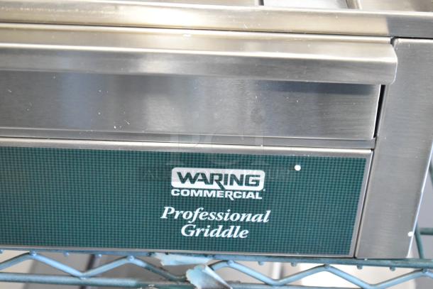 BRAND NEW Waring WGR240X Stainless Steel Electric Griddle, 240V, 1 Phase, slight scratches, visible logo and model marking.