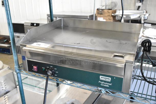 BRAND NEW SCRATCH AND DENT! Waring WGR240X stainless steel countertop griddle, 240V, 1 phase, visible controls, minor scratches.