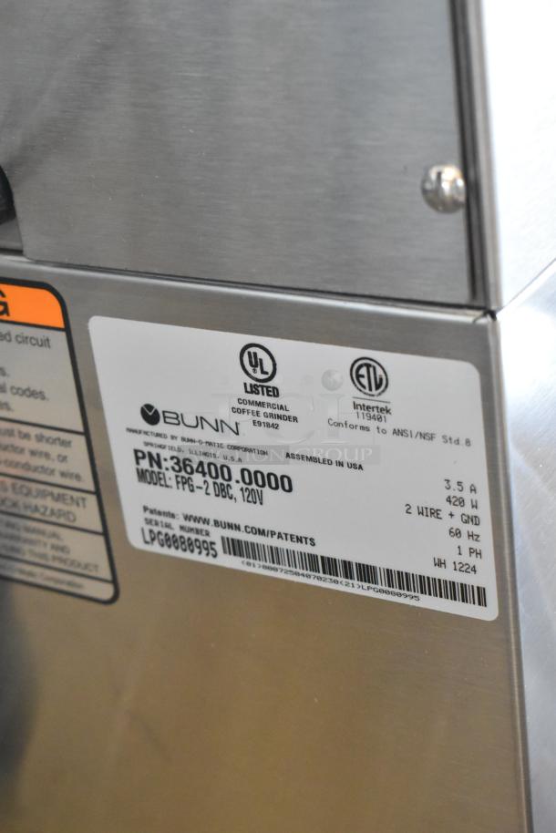 BRAND NEW SCRATCH AND DENT! 2024 Bunn FPG-2 DBC Stainless Steel Commercial Countertop French Press Coffee Grinder with 6 lb. Double Hopper. 120 Volts, 1 Phase. - Image 8 of 8
