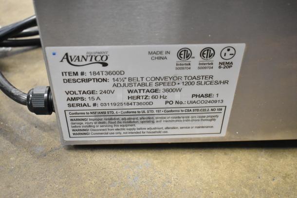 BRAND NEW SCRATCH AND DENT! Avantco 184T3600D Stainless Steel Commercial 14 1/2" Wide Conveyor Toaster with 3" Opening, 1200 Slices per Hour. 240 Volts, 1 Phase. - Image 8 of 8