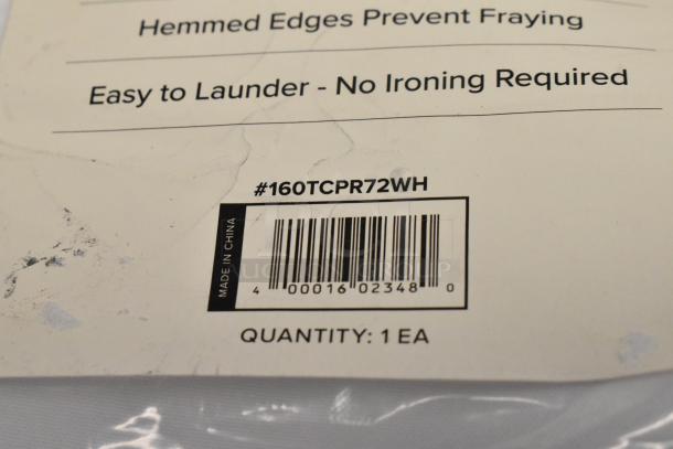 Box label showing item code #160TCPR72WH, indicating a 72" round white seamless polyester table cover. Made in China.