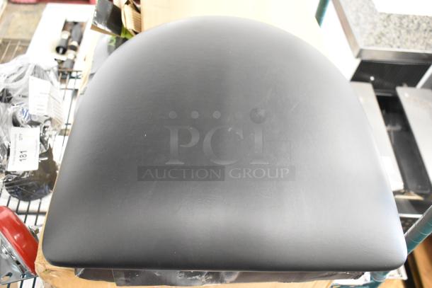 Box of 160 Choice 72" round white spun polyester table covers and black seat cushions. New, minor scratches.