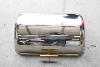 Acopa 8 Qt. roll top gold trim chafer cover, brand new with slight dents, reflective finish, model 922EC15LD.