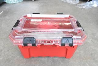 Husky 5 Gallon Professional Duty Storage Container, red with clear lid, black latches, includes contents, excellent condition.