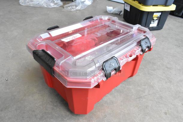 Husky 5 Gallon Professional Duty Storage Container, red with clear lid and black latches, visible contents inside.