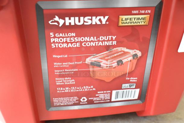 Husky 5 Gallon Professional Duty Storage Container with hinged lid, IP65 certified, impact resistant, lifetime warranty.