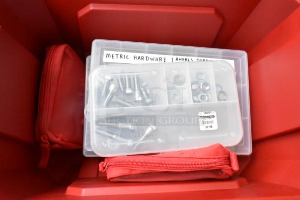 Husky 5 Gallon storage container with metric hardware set, bolts, and washers. Includes red zip pouches. Condition: Used.