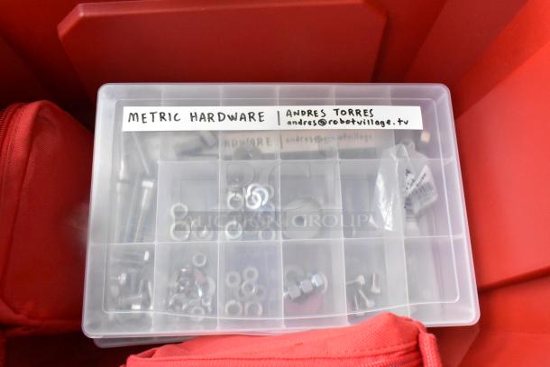 Husky 5 Gallon storage container with metric hardware assortment in clear organizer. Includes bolts, washers, and screws.