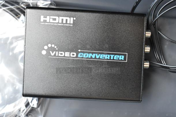 Black HDMI video converter with RCA outputs in poly bin, labeled "Video Converter," in excellent condition.
