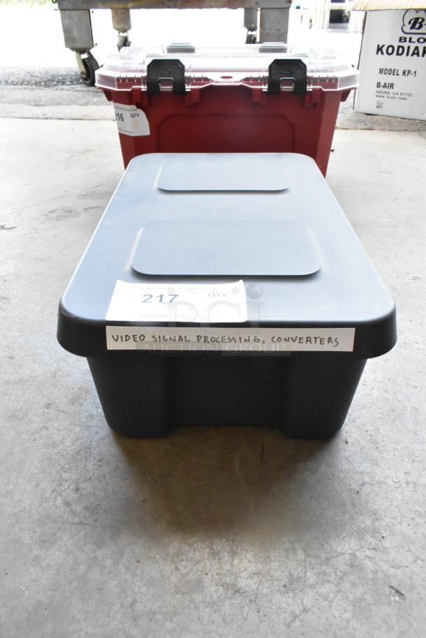 Poly bin labeled "Video Signal Processing, Converters," contains HDMI video converter, item 217 for auction.