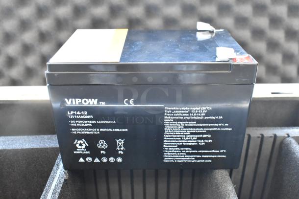Vipow LP14-12 battery in hard case, 12V/14Ah/20Hr, CE marked, durable hard case for protection, visible safety markings.