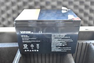 Vipow LP14-12 battery in hard case, 12V/14Ah/20Hr, CE marked, durable hard case for protection, visible safety markings.