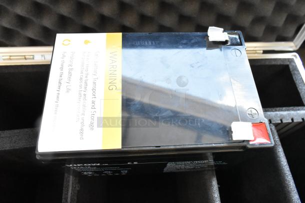 Vipow LP14-12 battery in hard case with warning label, showing terminals, in excellent condition.