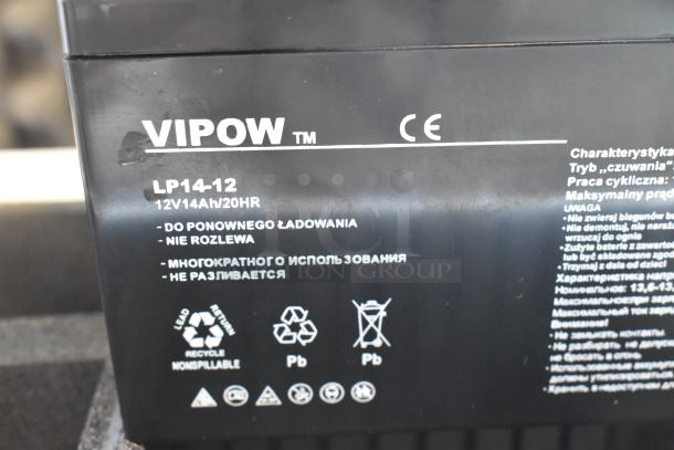 Vipow LP14-12 Battery, 12V 14Ah/20HR, non-spillable, lead-acid, CE marked, in protective hard case, recycle symbol visible.