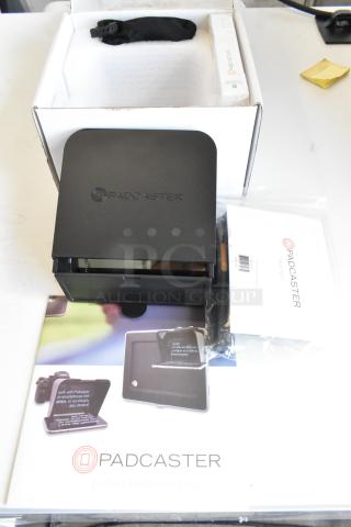Padcaster Parrot Teleprompter, black, boxed with accessories. Includes setup guide, clean condition, ideal for video production.