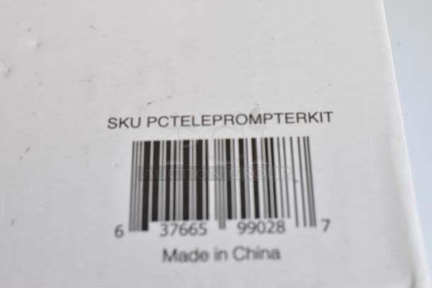 Padcaster Parrot Teleprompter box label showing barcode, SKU "PCTELEPROMPTERKIT," and "Made in China" text.