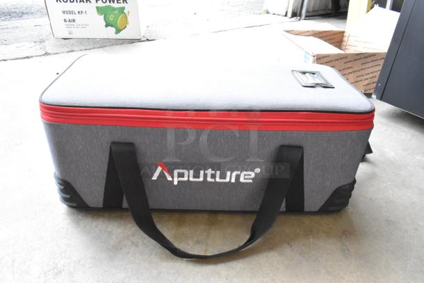 Aputure 300 II Daylight Monolight in branded case, featuring a sturdy design with a red zipper and carrying handles.