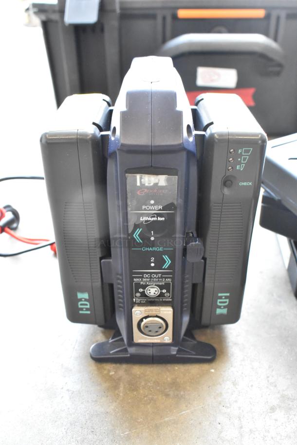 IDX VL-2X 2ch Sequential Quick Charger with rechargeable battery, in good condition, includes power indicators and ports.