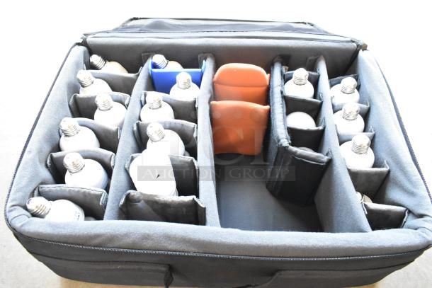 Case of lightbulbs with multiple compartments, holding various bulb types. Secure storage in padded, portable case.
