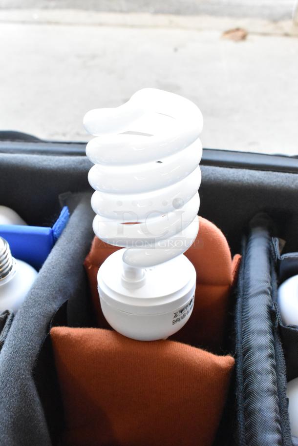 Case containing spiral CFL lightbulbs, organized in fabric compartments, in excellent condition.