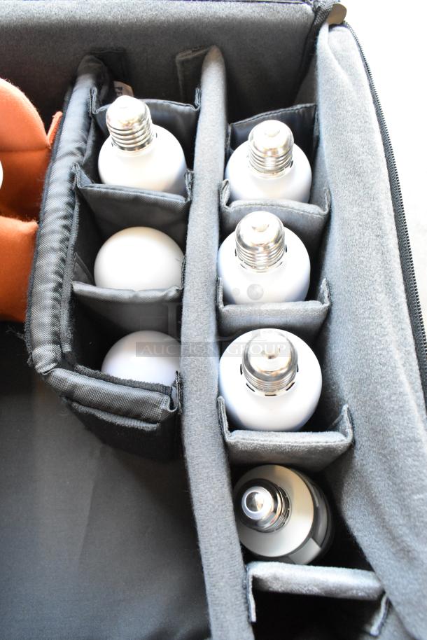 Case containing multiple white lightbulbs, neatly organized in padded compartments, ideal for safe storage.